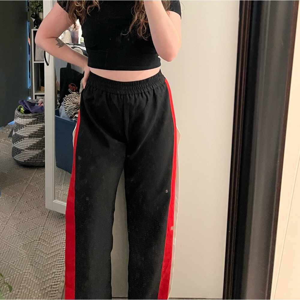 Black Track Pants — Red Side Stripe